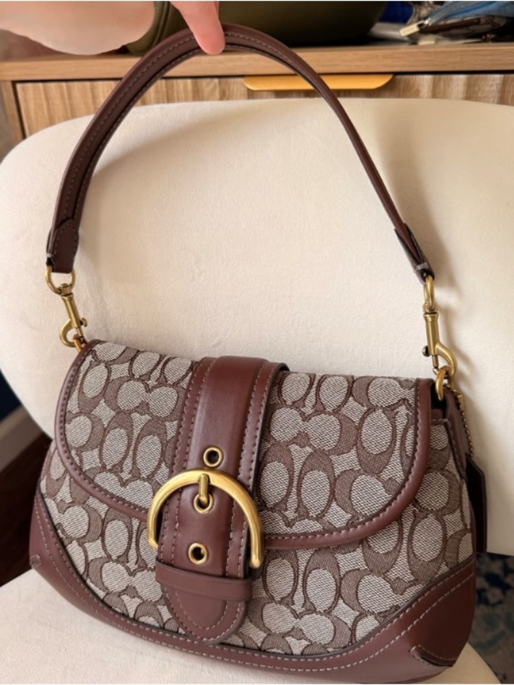 Coach Brown Logo Jacquard Shoulder Bag with Brass Hardware